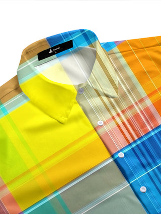 Adaychic Men's Printed Colorful Plaid Pattern Short Sleeve Shirt with Chest Pocket
