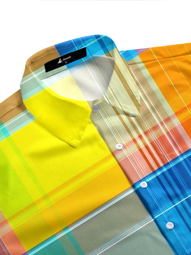 Adaychic Men's Printed Colorful Plaid Pattern Short Sleeve Shirt with Chest Pocket