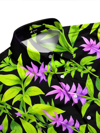 Adaychic Men's Hawaiian Purple Flowers Print Long Sleeve Shirt with Chest Pocket