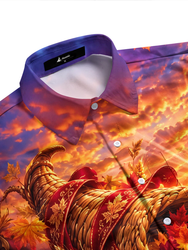 Adaychic Men's Long Sleeve Shirt - Thanksgiving Cornucopia With Pumpkins Grapes Apples Wheat And Autumn Leaves Print with Chest Pocket