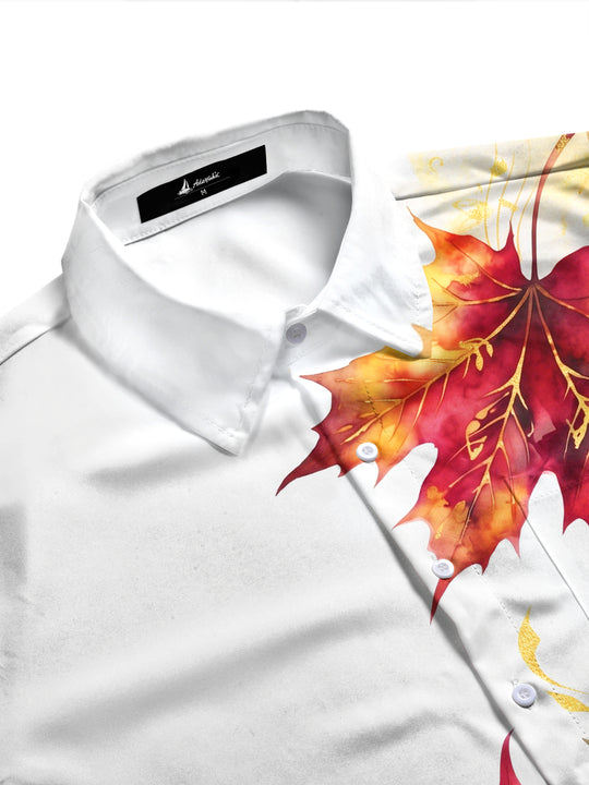 Adaychic Men's Autumn Maple Leaves And Music Score Print Long Sleeve Shirt with Chest Pocket