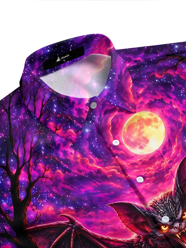 Adaychic Men's Halloween Bat And Glowing Mushrooms Print Short Sleeve Shirt with Chest Pocket