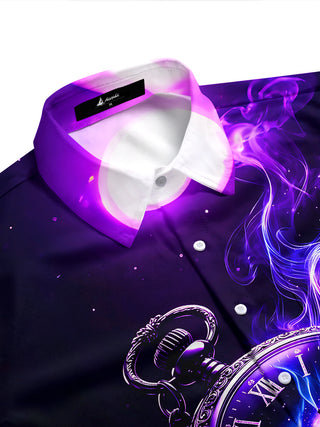 Adaychic Men's Purple Nebula Pocket Watch Print Short Sleeve Shirt with Chest Pocket