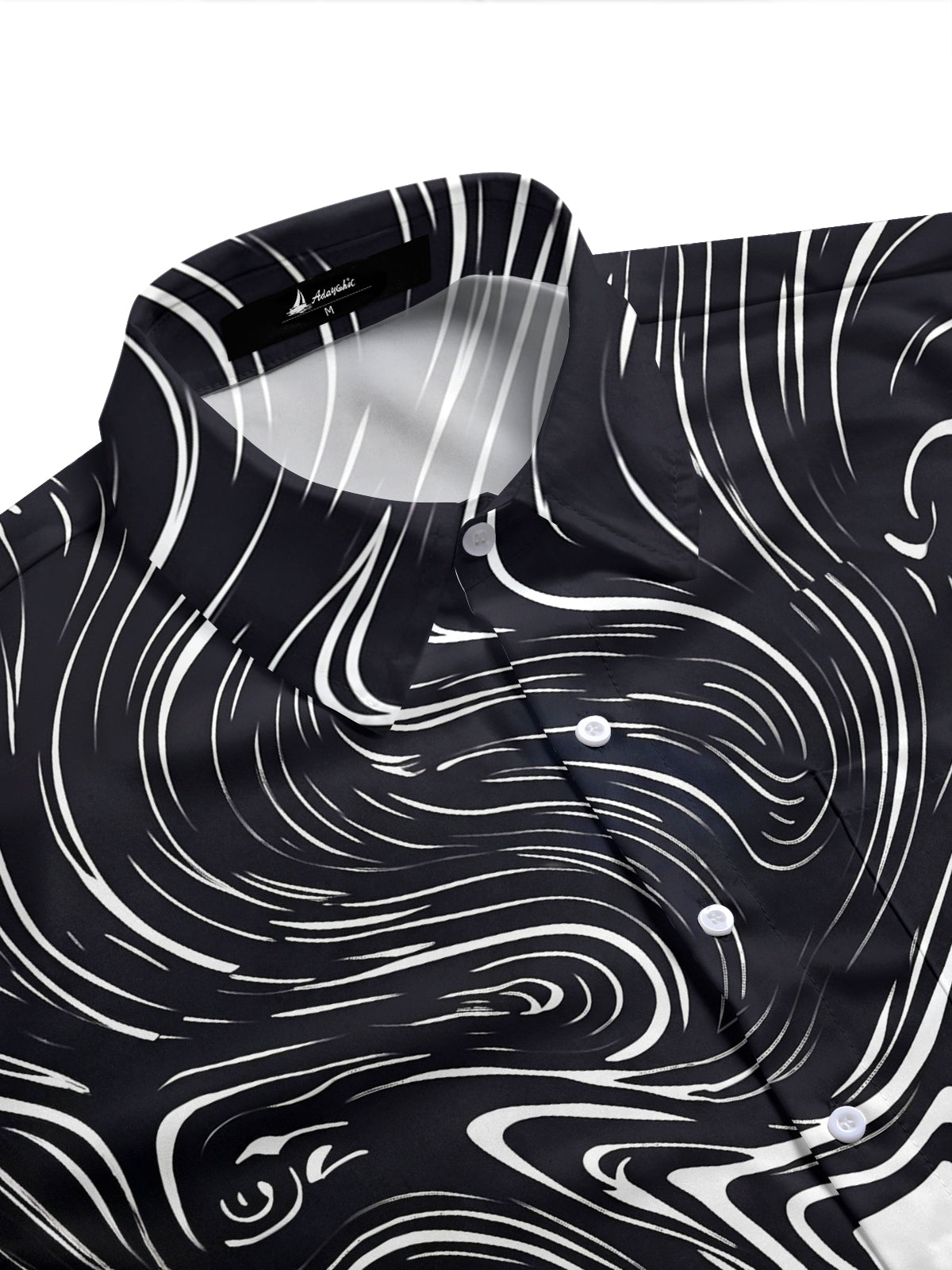 Adaychic Men's Abstract Swirling Black And White Lines Print Short Sleeve Shirt with Chest Pocket