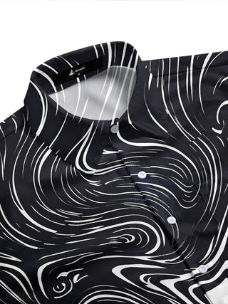 Adaychic Men's Abstract Swirling Black And White Lines Print Short Sleeve Shirt with Chest Pocket