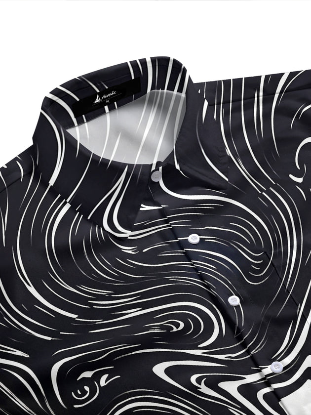 Adaychic Men's Abstract Swirling Black And White Lines Print Short Sleeve Shirt with Chest Pocket