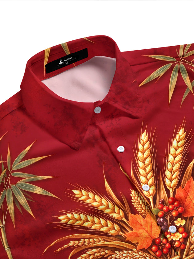 Adaychic Men's Short Sleeve Shirt - Thanksgiving Harvest Cornucopia With Wheat And Autumn Leaves Print with Chest Pocket