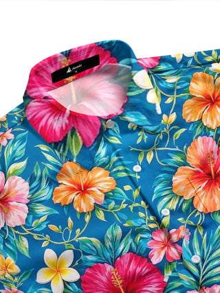 Adaychic Men's Tropical Hibiscus And Plumeria Flowers Print Long Sleeve Shirt with Chest Pocket