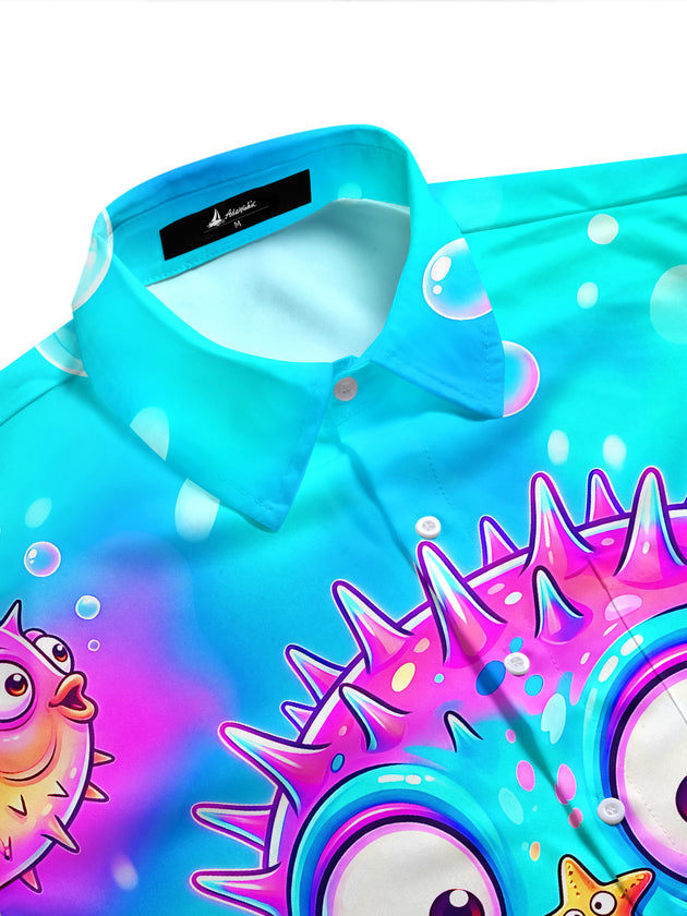 Adaychic Men's Hawaiian Colorful Cartoon Pufferfish Print Short Sleeve Shirt with Chest Pocket