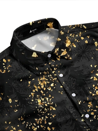 Adaychic Men's Printed Gold Snowflake And Gold Flake Pattern Long Sleeve Shirt with Chest Pocket