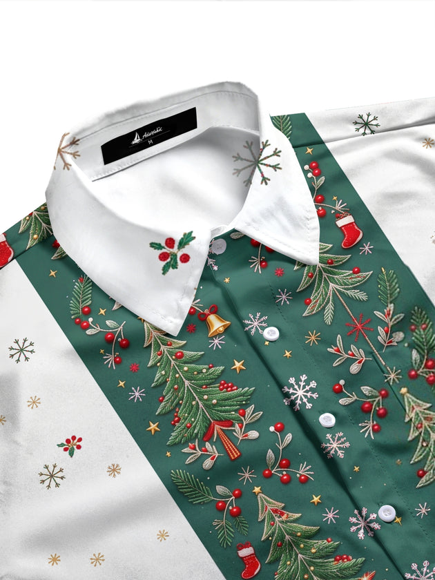 Adaychic Men's Striped Christmas Trees And Snowflakes Print Long Sleeve Shirt with Chest Pocket