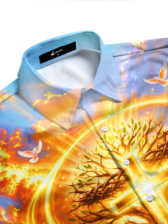 Adaychic Men's Graphic Tree Of Life And Golden Cross Print Long Sleeve Shirt with Chest Pocket