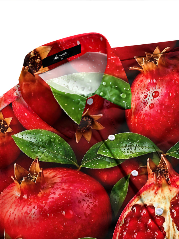 Adaychic Men's Printed Pomegranate Fruit And Leaves Print Long Sleeve Shirt with Chest Pocket