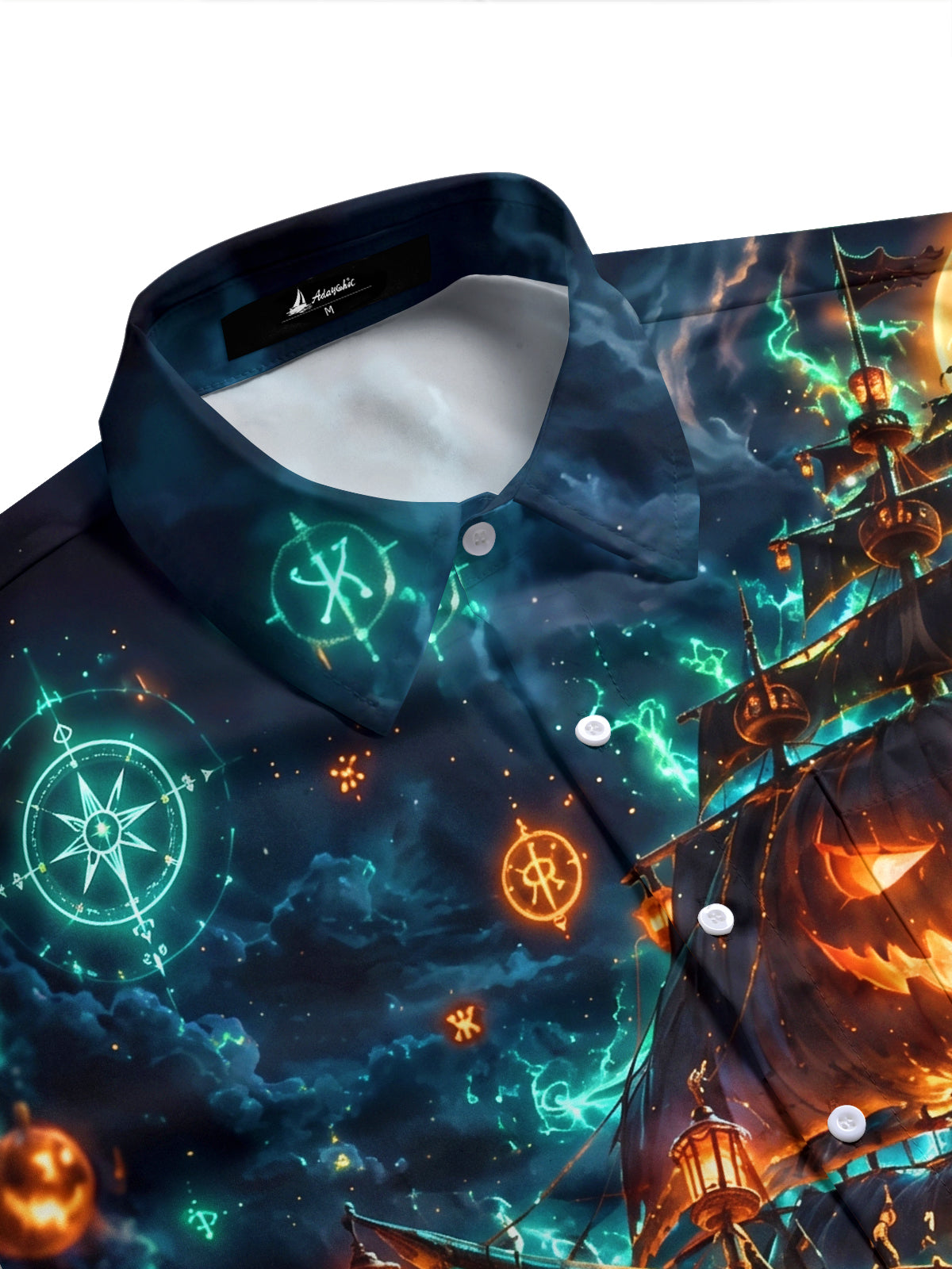Adaychic Men's Graphic Halloween Pumpkin Ghost Ship Print Short Sleeve Shirt with Chest Pocket