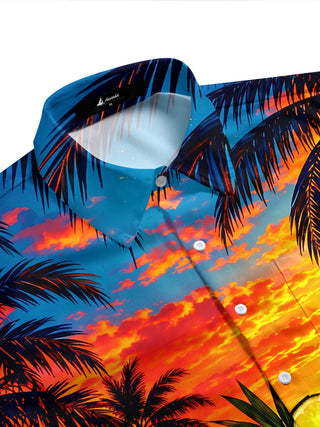 Adaychic Men's Short Sleeve Shirt - Tropical Sunset With Cocktail And Palm Trees Print with Chest Pocket