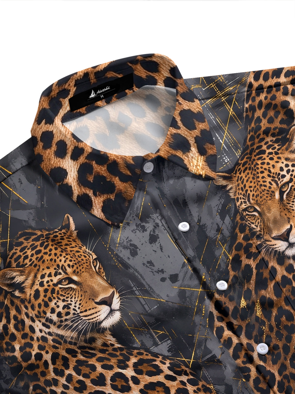 Adaychic Men's Printed Leopard Animal Print With Gold Accents Long Sleeve Shirt with Chest Pocket