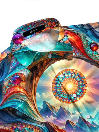 Adaychic Men's Long Sleeve Shirt - Psychedelic Mountain Lake Landscape With Mandala Sun Print with Chest Pocket