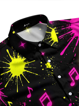 Adaychic Men's Neon Electric Guitar And Music Notes Print Long Sleeve Shirt with Chest Pocket
