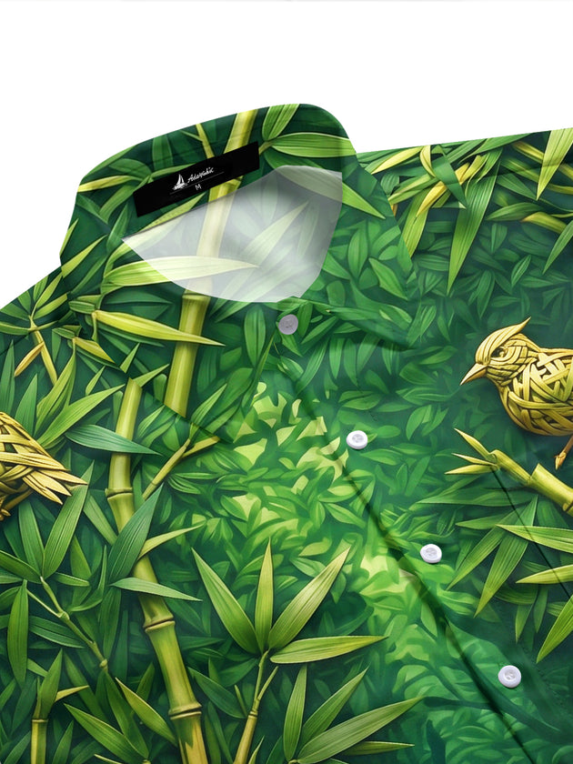 Adaychic Men's Short Sleeve Shirt - Bamboo Weave Monkeys And Chameleon Birds Print with Chest Pocket