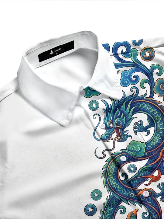 Adaychic Men's Graphic Dragon And Phoenix Print Long Sleeve Shirt with Chest Pocket