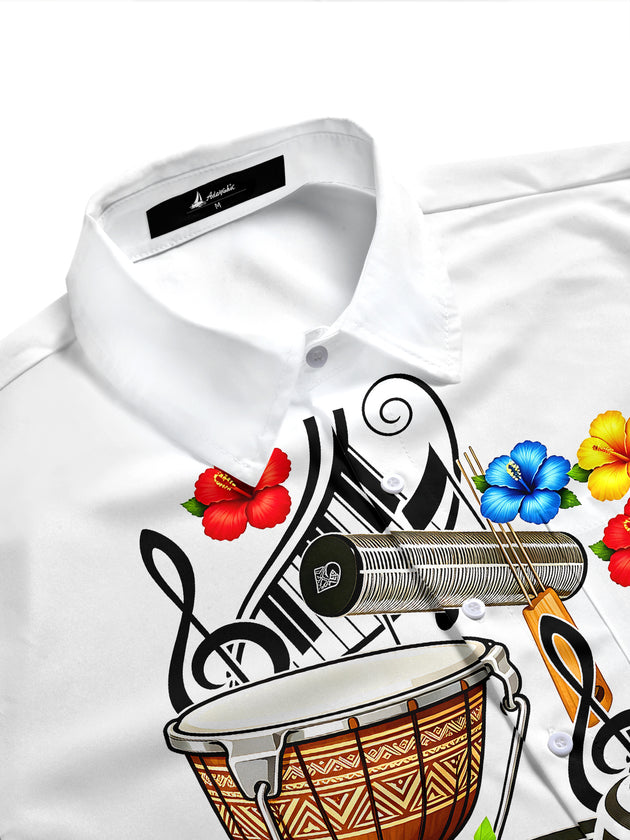 Adaychic Men's Short Sleeve Shirt - Musical Instruments And Tropical Flowers Print with Chest Pocket
