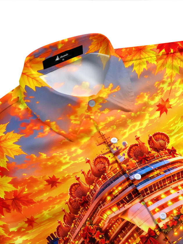 Adaychic Men's Short Sleeve Stand Collar Shirt - Thanksgiving Cruise Ship With Turkeys And Autumn Leaves Print with Chest Pocket