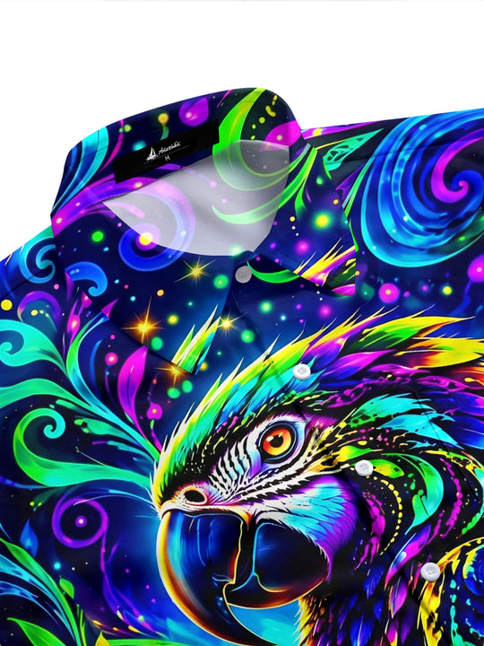 Adaychic Men's Neon Parrot With Swirling Patterns Print Short Sleeve Shirt with Chest Pocket