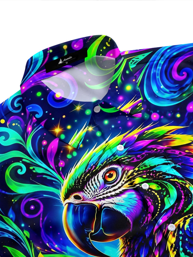 Adaychic Men's Neon Parrot With Swirling Patterns Print Short Sleeve Shirt with Chest Pocket