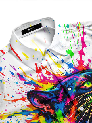 Adaychic Men's Graphic Colorful Paint Splatter Panther Print Long Sleeve Shirt with Chest Pocket