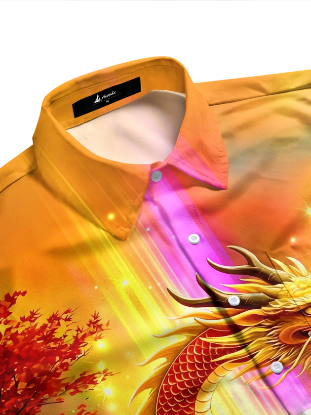 Adaychic Men's Graphic Golden Dragon Print Long Sleeve Shirt with Chest Pocket