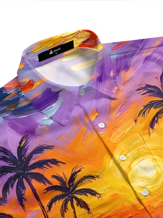 Adaychic Men's Sunset Flamingos And Palm Trees Print Short Sleeve Shirt with Chest Pocket