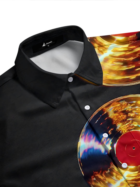 Adaychic Men's Vintage Style Vinyl Records Print Short Sleeve Shirt with Chest Pocket