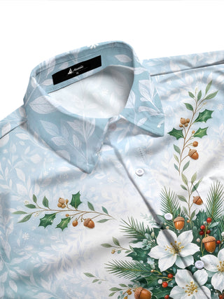Adaychic Men's Long Sleeve Shirt - Christmas Floral Bouquet With Holly And Acorns Print with Chest Pocket