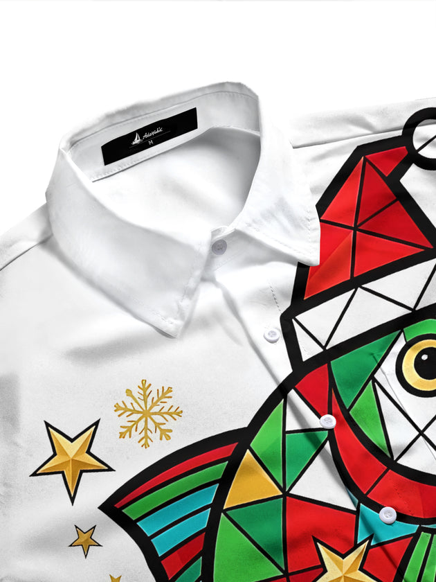 Adaychic Men's Geometric Fish With Santa Hat Print Long Sleeve Shirt with Chest Pocket