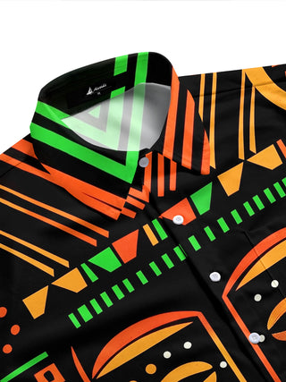 Adaychic Men's Graphic Abstract Tribal Face Print Short Sleeve Shirt with Chest Pocket