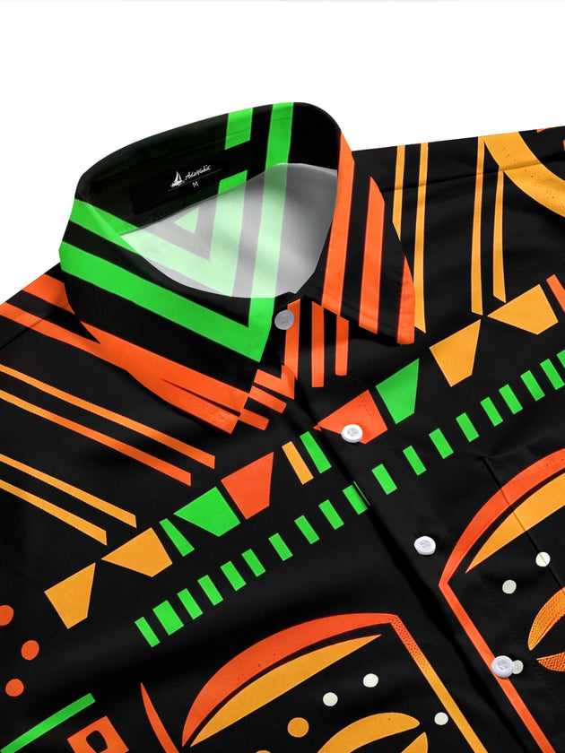 Adaychic Men's Graphic Abstract Tribal Face Print Short Sleeve Shirt with Chest Pocket