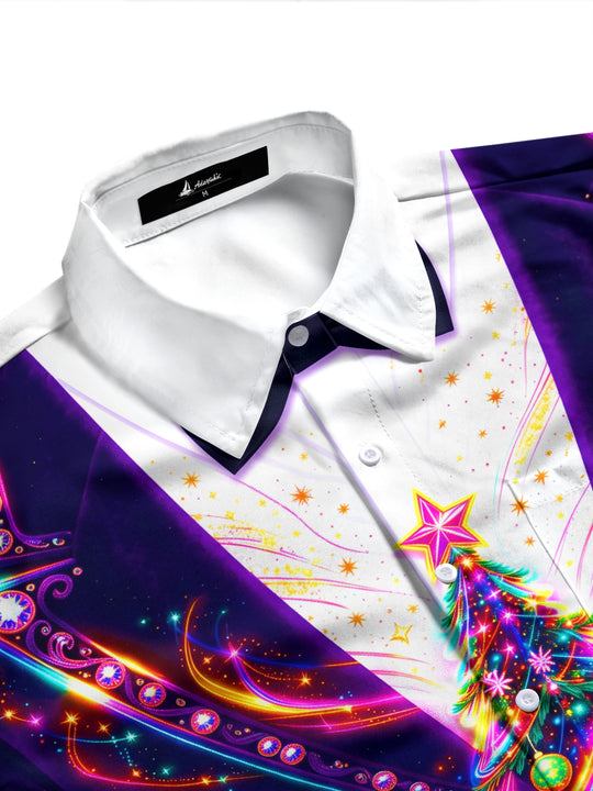 Adaychic Men's Long Sleeve Shirt - Neon Christmas Tree With Ornaments And Wreaths Print with Chest Pocket