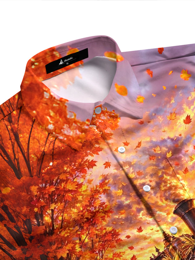 Adaychic Men's Long Sleeve Shirt - Thanksgiving Autumn Train With Pumpkins And Corn Print with Chest Pocket
