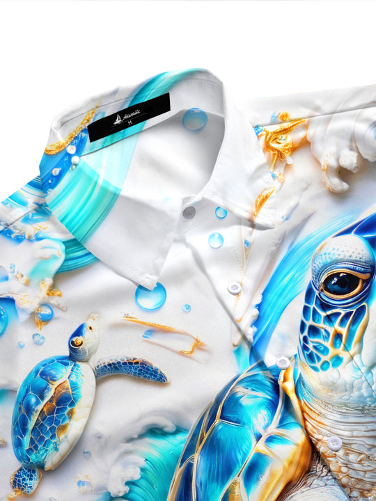 Adaychic Men's Hawaiian Sea Turtle And Ocean Waves Print Short Sleeve Shirt with Chest Pocket
