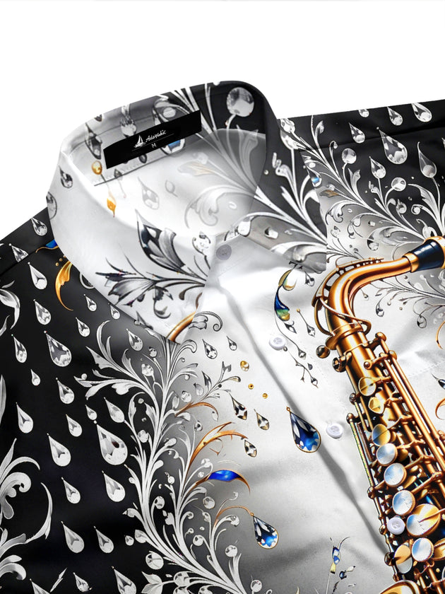 Adaychic Men's Graphic Saxophone And Floral Diamond Pattern Long Sleeve Shirt with Chest Pocket