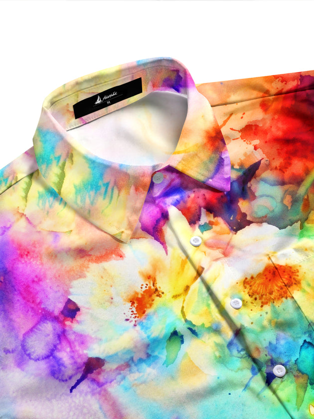 Adaychic Men's Printed Watercolor Flowers Print Long Sleeve Shirt with Chest Pocket