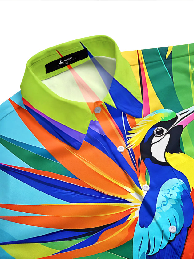 Adaychic Men's Hawaiian Bird Print Tropical Leaves Print Short Sleeve Shirt with Chest Pocket