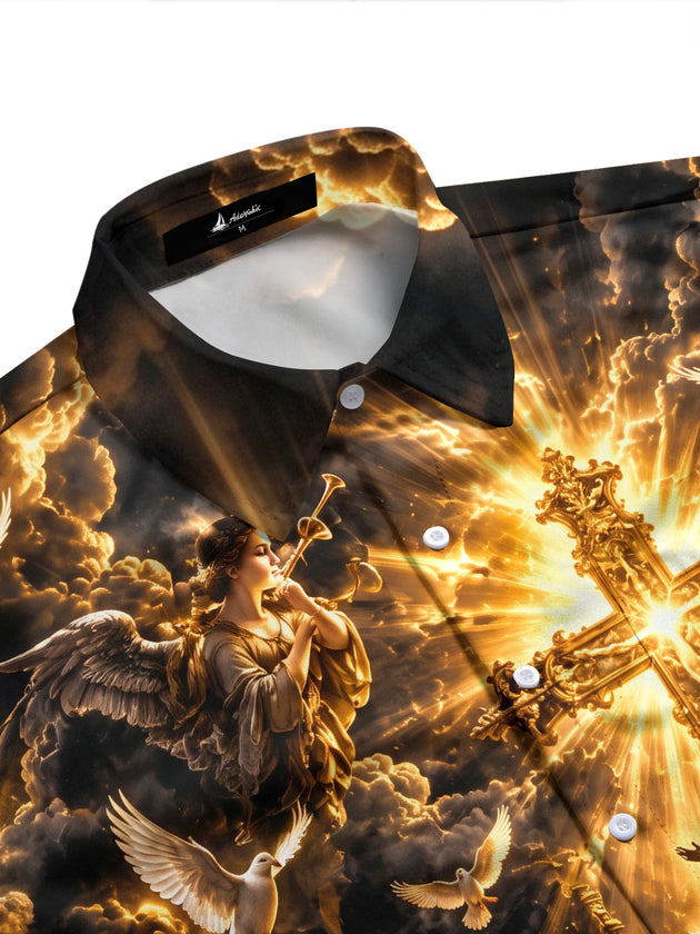 Adaychic Men's Graphic Religious Cross And Angels Print Short Sleeve Shirt with Chest Pocket