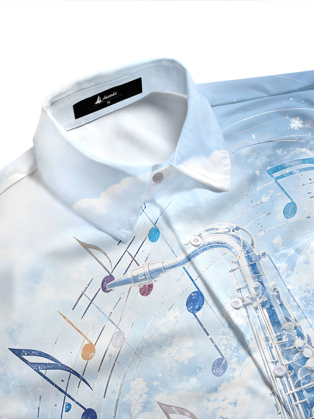 Adaychic Men's Printed Saxophone Print Musical Notes Print Short Sleeve Shirt with Chest Pocket