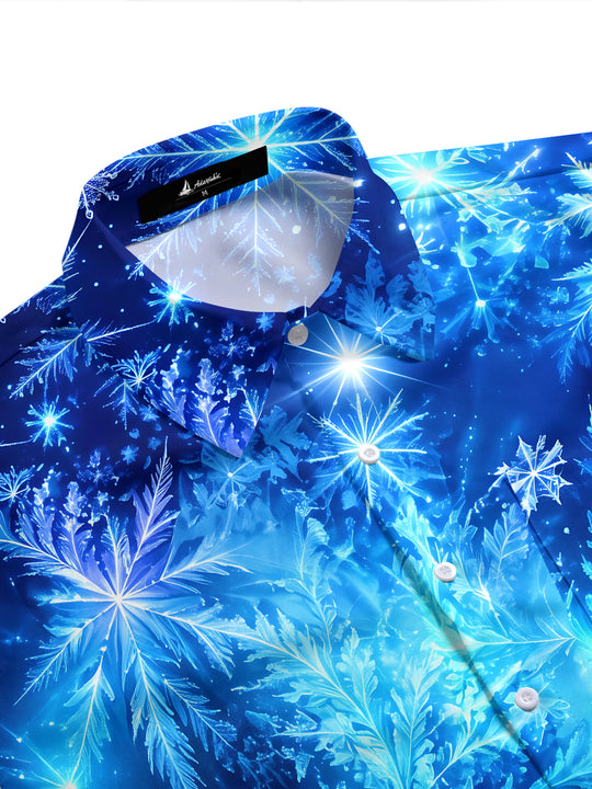 Adaychic Men's Printed Snowflakes Print Short Sleeve Shirt with Chest Pocket