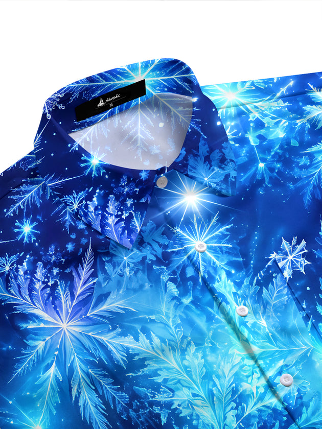 Adaychic Men's Printed Snowflakes Print Short Sleeve Shirt with Chest Pocket