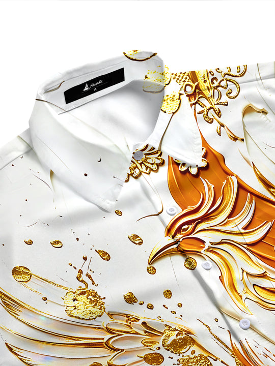 Adaychic Men's Graphic Gilded Phoenix Print Short Sleeve Shirt with Chest Pocket