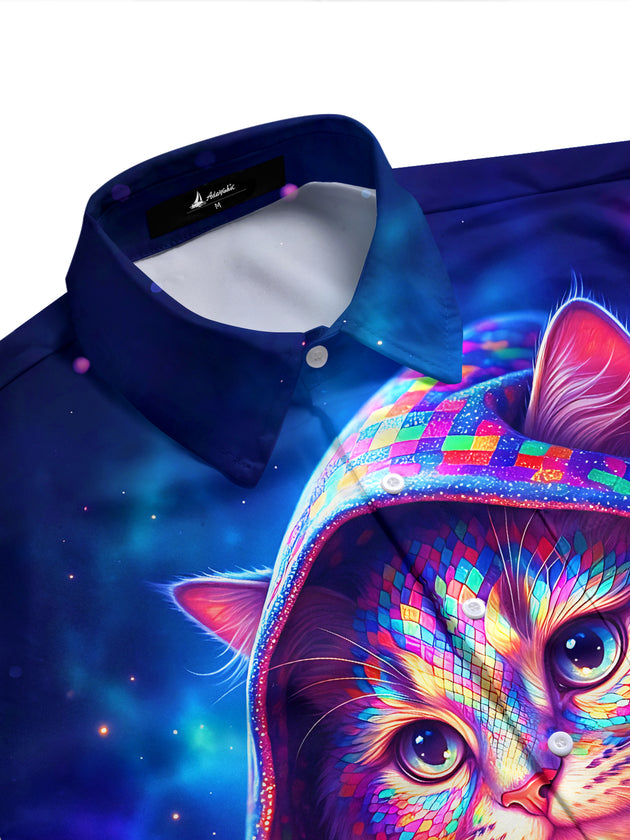 Adaychic Men's Short Sleeve Shirt - Colorful Hooded Cat With Crystal Ball And Cross Print with Chest Pocket