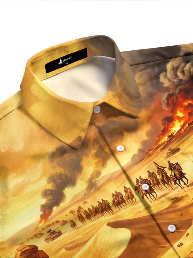 Adaychic Men's World War II Desert Military Scene Print Long Sleeve Shirt with Chest Pocket