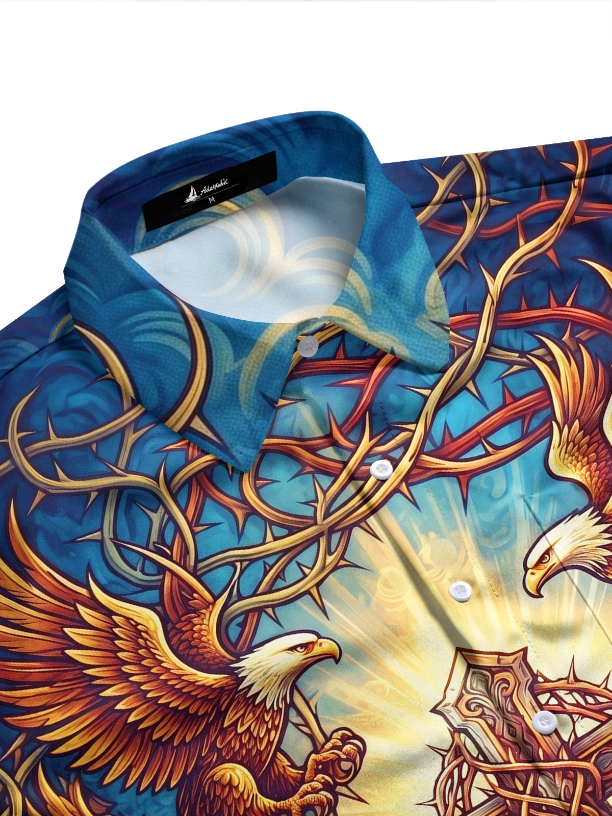 Adaychic Men's Bald Eagles And Crown Of Thorns Cross Print Long Sleeve Shirt with Chest Pocket